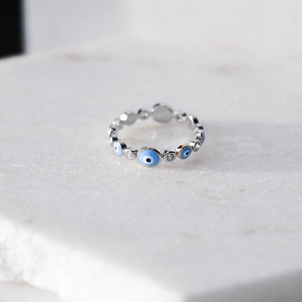 LIGHT BLUE EVIL EYE RING - SILVER