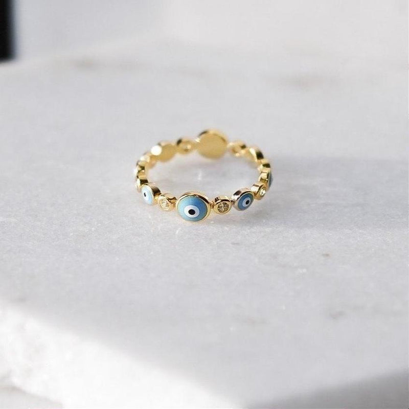 LIGHT BLUE EVIL EYE RING - GOLD